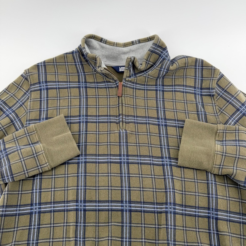 Lands End Plaid Quarter Zip Pullover Cotton Sweater Large Olive Green Blue